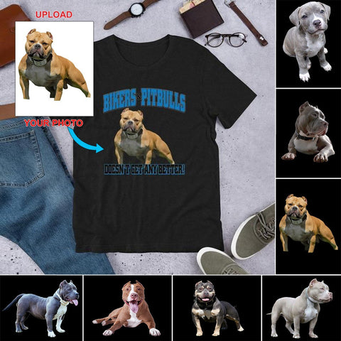 Biker and Pitbull Unisex T Shirt,Featuring Your Own Dog! - 4 Terriers Only